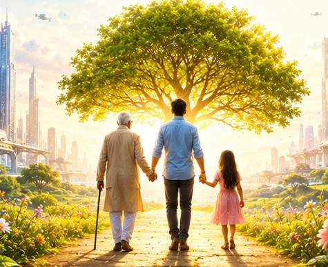 Family walking toward glowing tree in futuristic city
